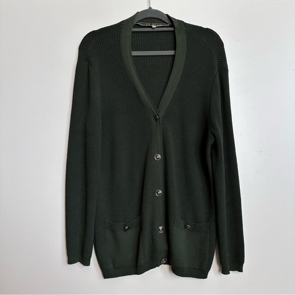 ST JOHN Santana Green Wool V Neck Cardigan Oversized Small